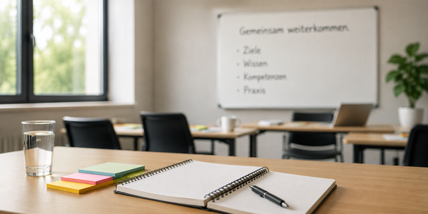Ein Seminarraum mit Arbeitsmaterialien und Whiteboard
