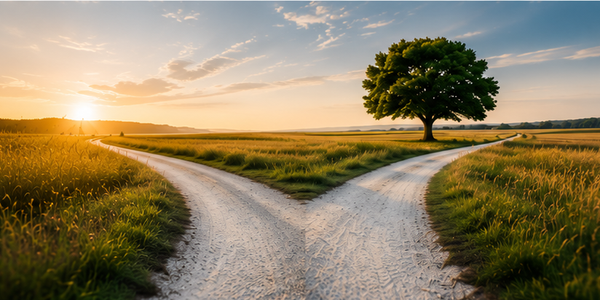 Eine Weggabelung bietet einen Weg in Richtung Sonnenuntergang und einen Weg an einem Baum vorbei an.
